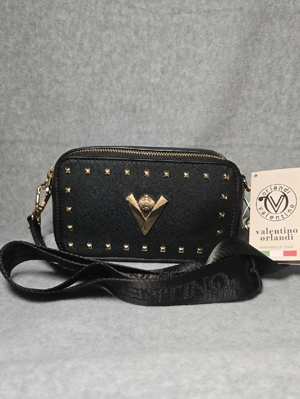 Valentino Orlandi Black and Gold Studded Crossbody Bag